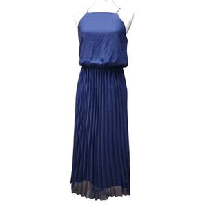 Sam Edelman Size 4 Electric Pleated A Line Long Midi Dress Navy Blue Halter Top
